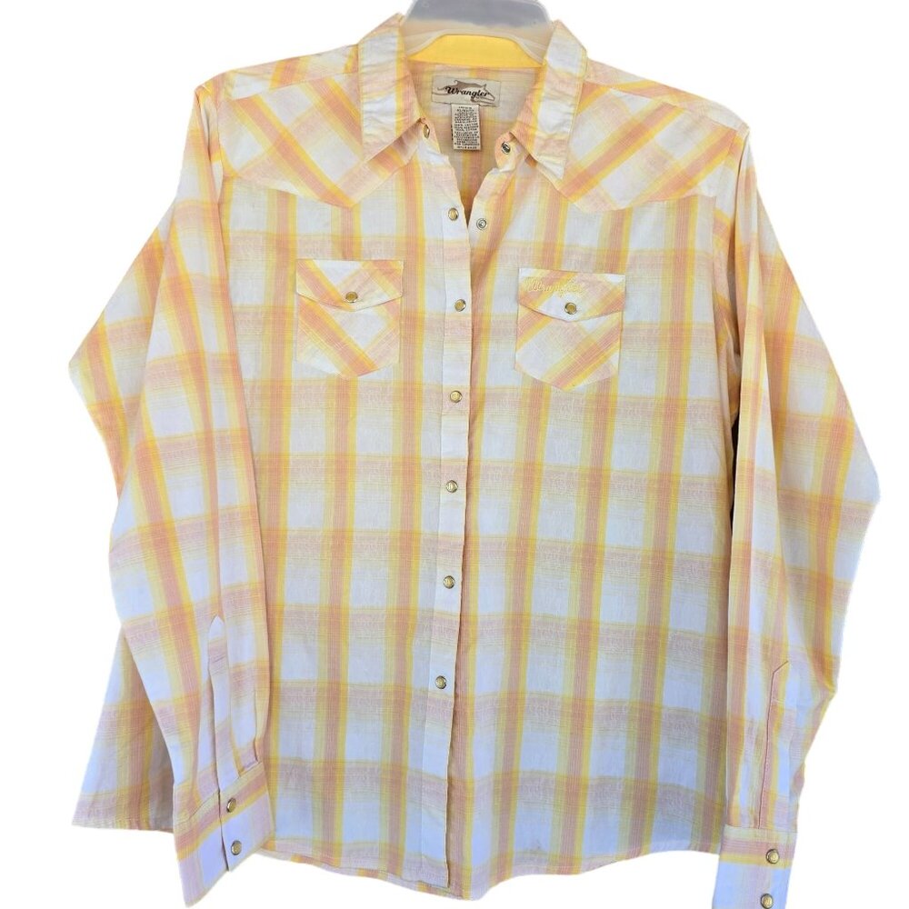 Wrangler Women Yellow & White Plaid Westerncore Shirt XL 100% Cotton Cottagecore